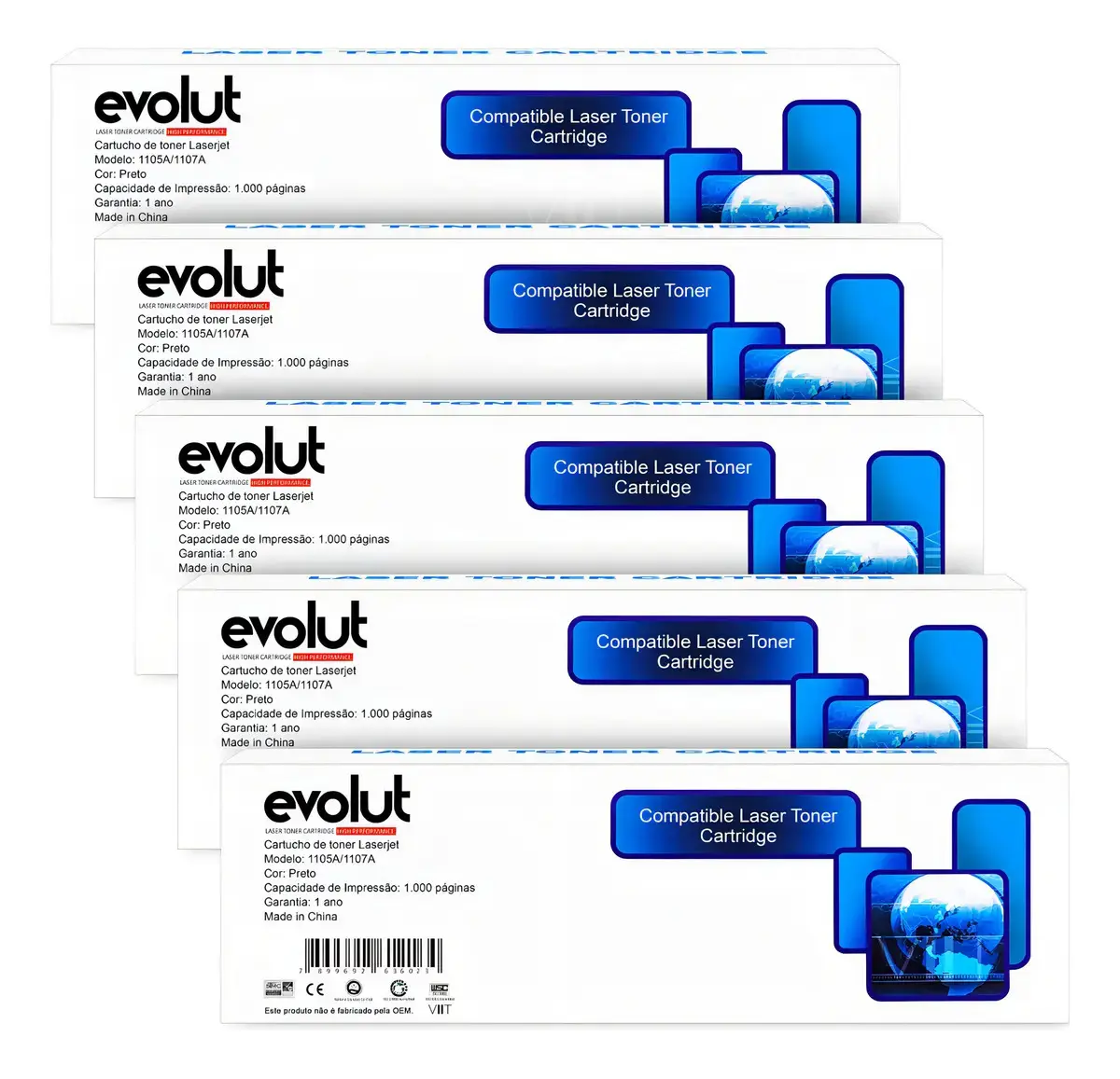 Kit 5 Toner Evolut 105A Compatível Laser Mfp 135a 135w 137fnw C/ Chip Tinta Preto