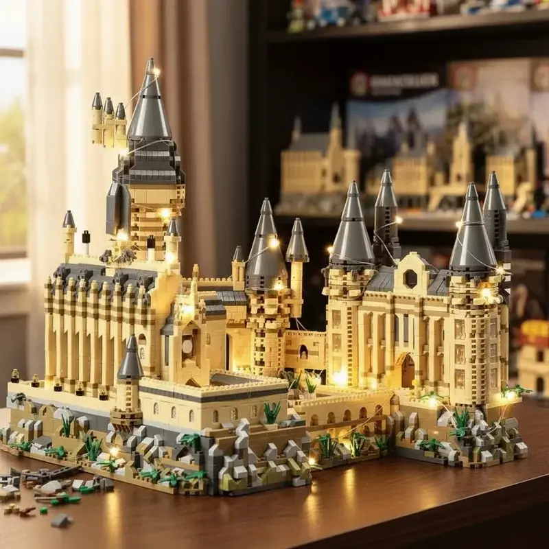 Filme mágico castelo escola micro blocos de construção vista rua arquitetura moc arquitetura cenário brinquedo presentes natal aniversário
