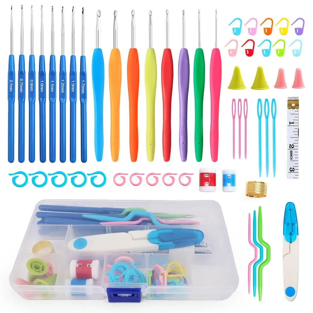 Kit de Crochê Completo 53 Peças com 16 Agulhas Ergonômicas, Tesoura e Acessórios, Estojo Organizador Incluído