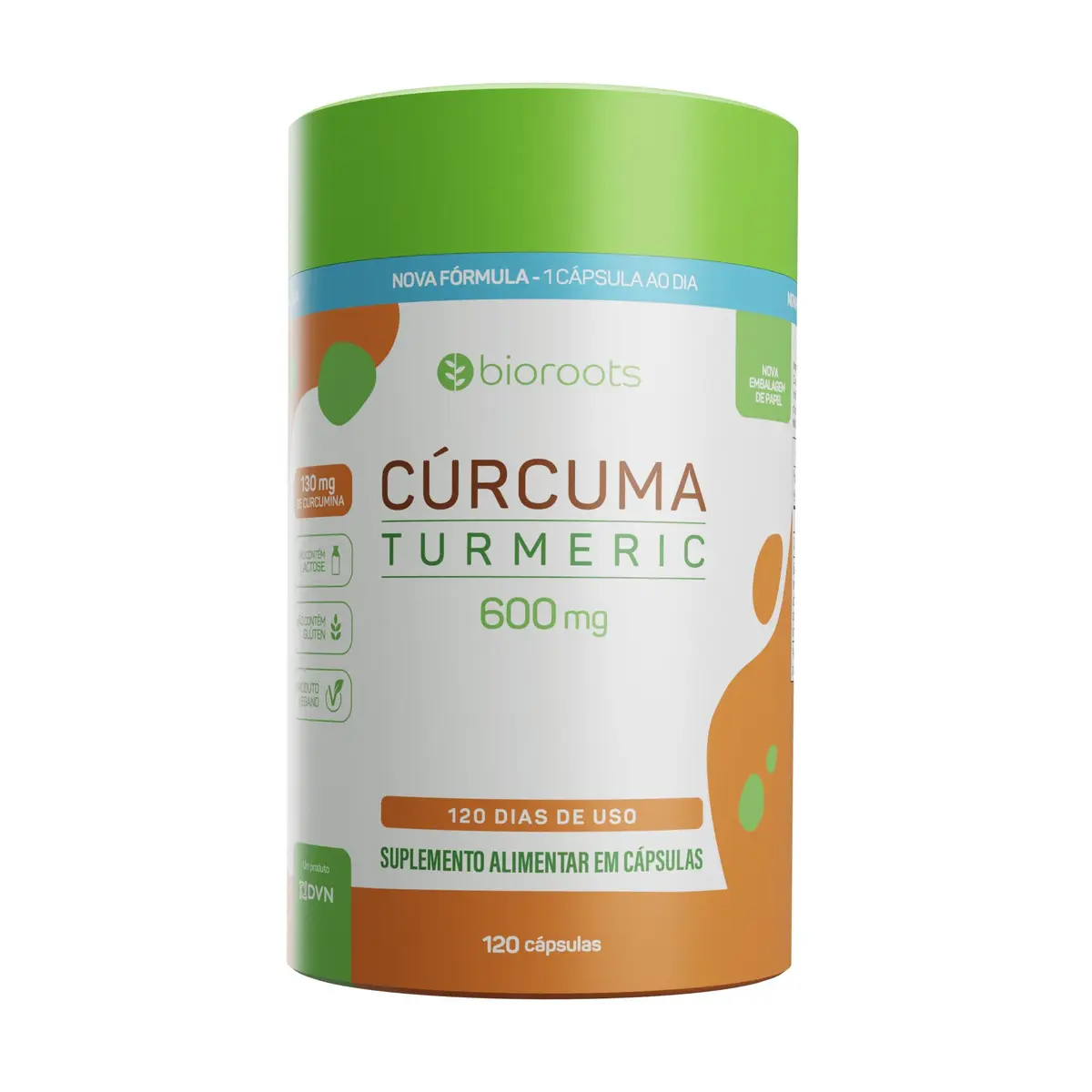 Cúrcuma Turmeric 600mg, Bioroots, Extrato USP 95%, Vegana - 120 Cápsulas | Cúrcuma 600mg por cápsula, extrato padronizado USP 95%, vegana, sem glúten, lactose, açúcares e transgênicos, antioxidante - 1