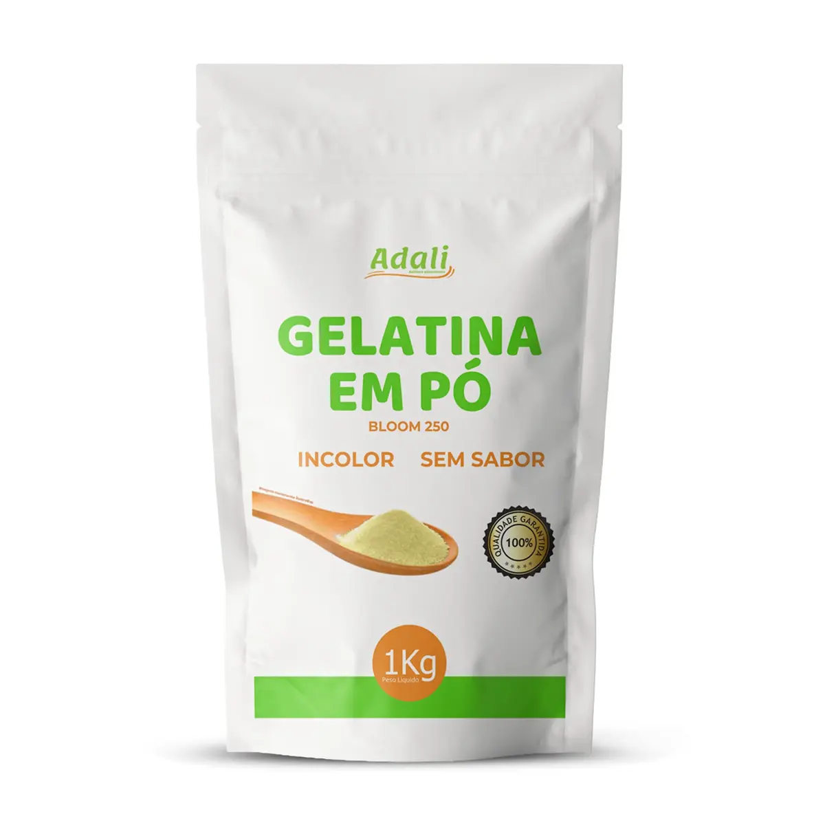 Gelatina em Pó Sem Sabor Bloom 250 1kg Adali Alta Firmeza Confeitaria | Índice técnico Bloom 250 de altíssima força de gel, garantindo firmeza superior e secagem rápida para doces finos.