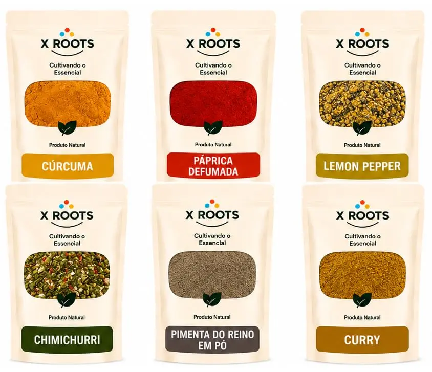 Kit de Temperos Clássicos Premium X Roots – Cúrcuma, Páprica Defumada, Lemon Pepper, Chimichurri, Pimenta do Reino e Curry – Temperos Gourmet para Carnes, Frango, Legumes e Receitas