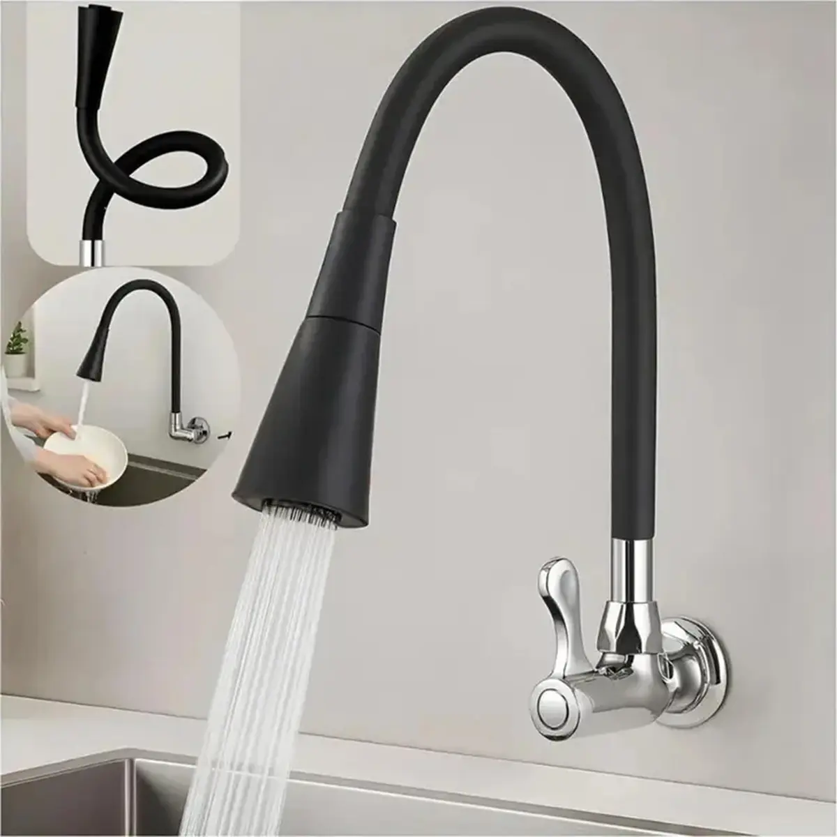 Torneira Gourmet de Parede para Cozinha Acabamento Fosco de Bica Flexível 360° com Duplo Jato e 1/4 de Volta Decoração Moderna (1 Pcs) - 1