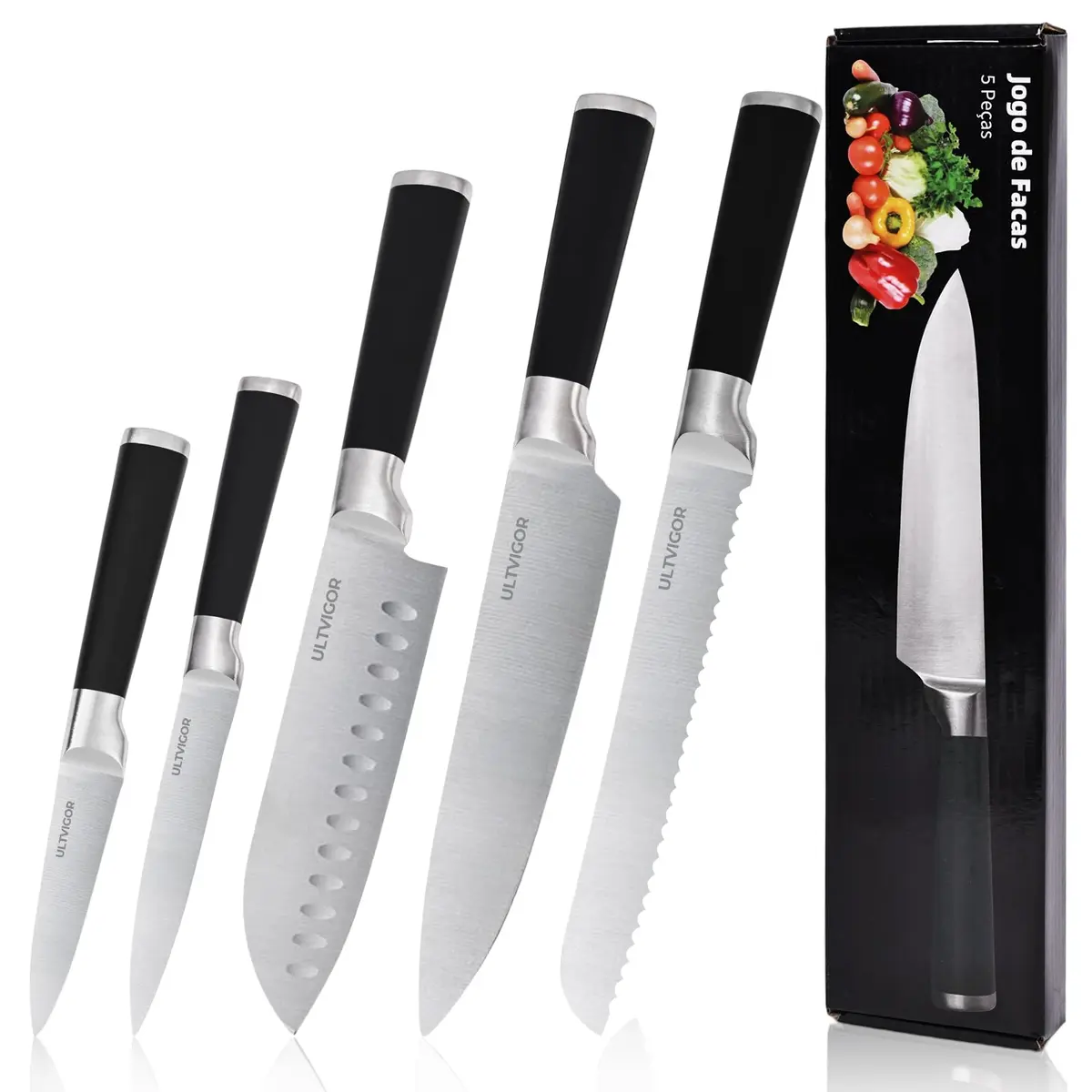 ULTVIGOR Conjunto de Facas 5 Peças, 4CR13 Aço Inoxidável Afiado e Durável, Cabo antiderrapante, Corte Preciso para Cozinhas Domésticas, Inclui Faca de Chef, Santoku, Preto