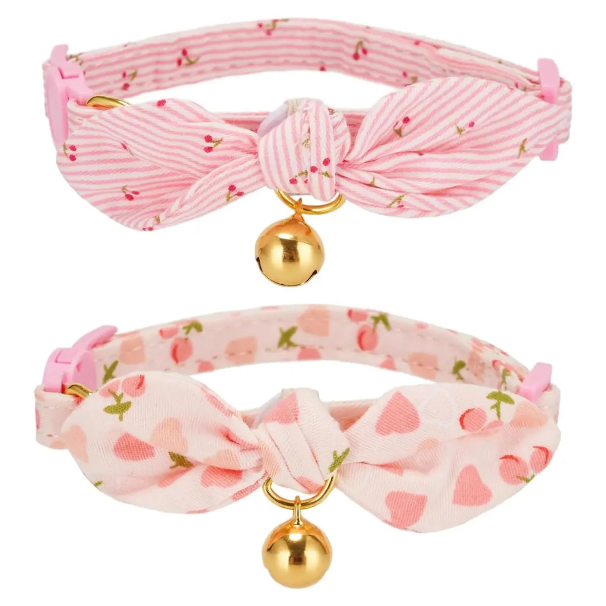 Kit 2 Coleiras Para Gato com Laço e Guizo - Estampas de Rosa e Cereja - Ajustável, Fecho de Segurança Breakway, Algodão Macio, Para Gatos Filhotes e Pequenos