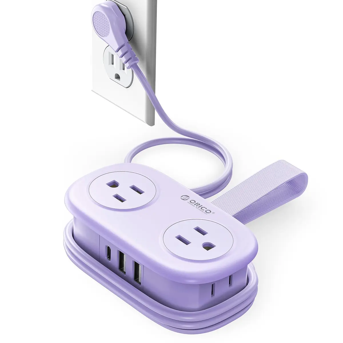 ORICO Filtro De Linha De Viagem Roxo De 4 Pés Com 4 Tomadas Ca, 2 Portas Usb-A E 1 Porta Usb-C, Cabo De Extensão De Plugue Plano De 45° Com Protetor Contra Surtos Para Viagens/Casa/Dormitório/Escrit - 1
