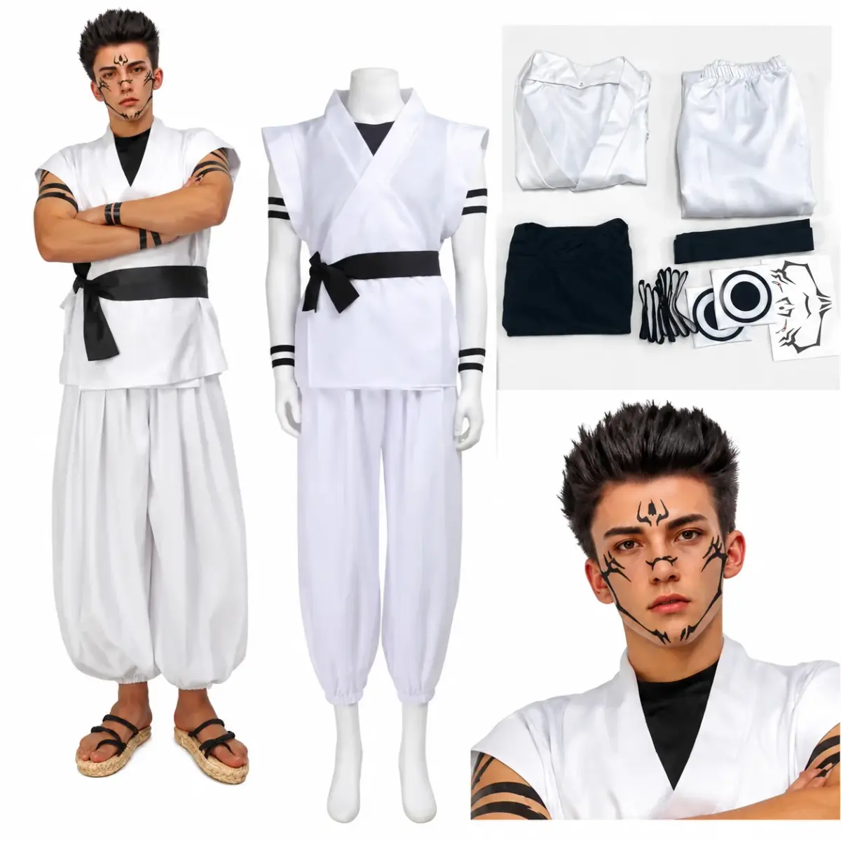 Fantasia de Cosplay Ryomen Sukuna Jujutsu Kaisen Anime Kimono Conjunto Completo com Adesivos de Tatuagem para Festa de Halloween e Roleplay