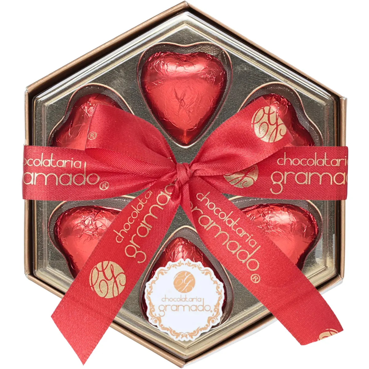 Caixa Sextavada com Corações de Chocolate, Chocolataria Gramado, 42g | Com 38% de cacau, em embalagem compacta de 42 g para presentear e complementar kits e cestas