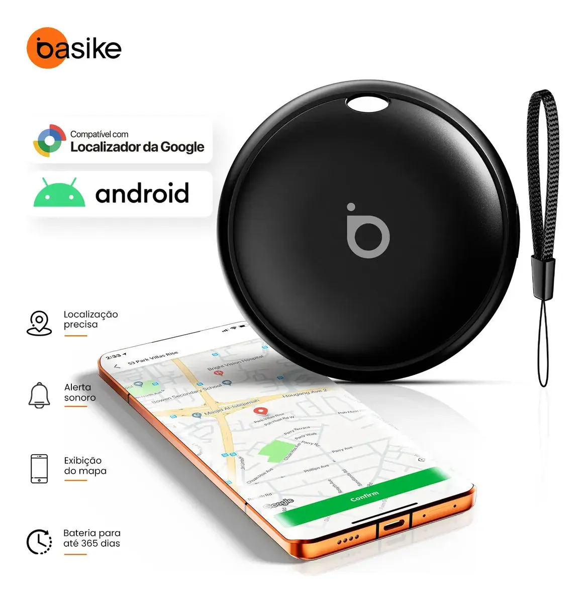 Basike Mini Localizador Rastreador Smart Tag Gps Com Cordão Chaveiro Com Android Samsung Xiaomi Chrome Technology Alarme Sonoro Bateria 12Meses Pets Chaves Mochilas Carro Moto Mala Bicicleta Carteira