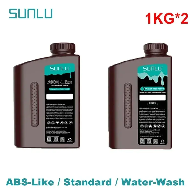 Resina 3D SUNLU 2KG tipo ABS/Padrão/Lavável com Água 405nm UV para a maioria das impressoras 3D SLA/DLP/LCD, material sensível a UV 1kg