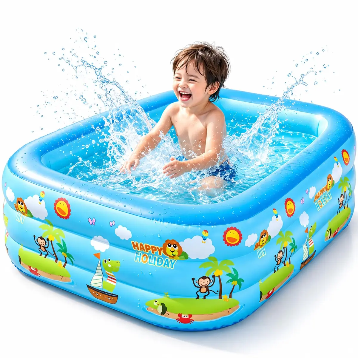 Piscina Inflável 1.5m para Família com Fundo Estampado de Bolhas 3 Camadas para Casa e Quintal Azul - 1