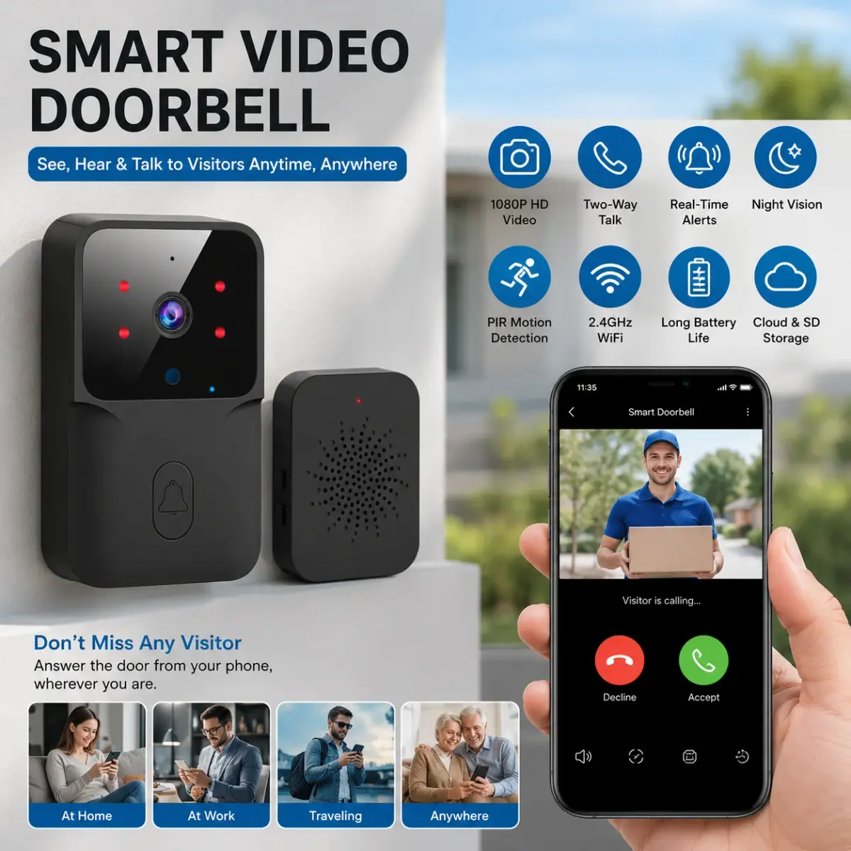 Câmera de Campainha de Vídeo Sem Fio, Campainha com Comunicação Bidirecional WiFi e Visão Noturna por Infravermelho, Monitor de Segurança para Casa Inteligente - 1