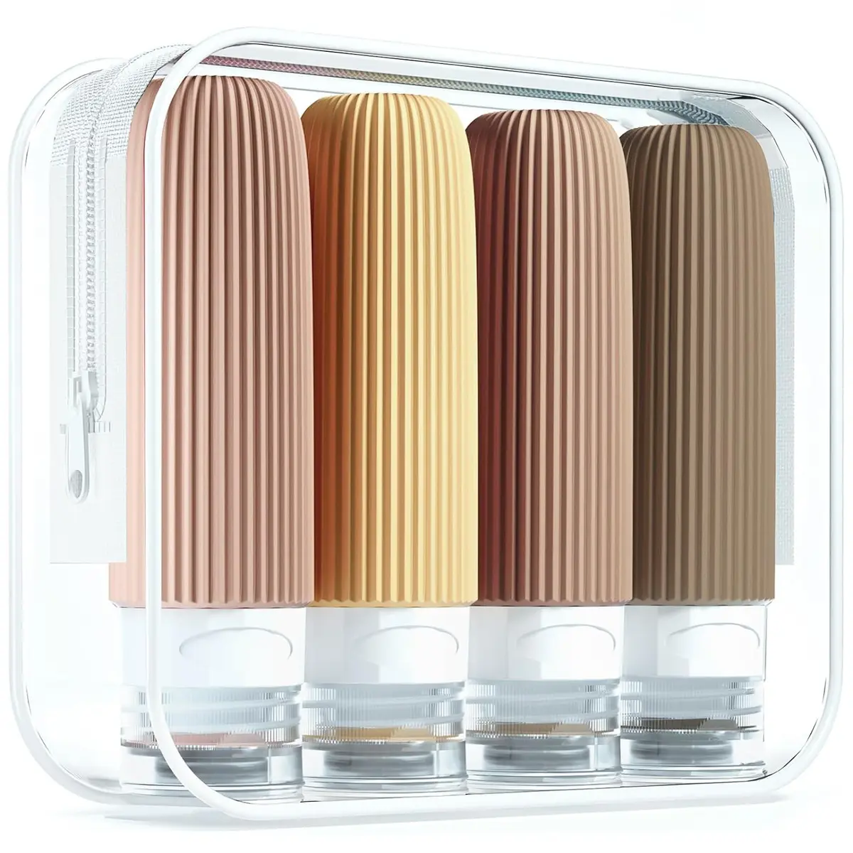 Kit de Frascos de Viagem para Cosméticos, 4 Peças, Design Canelado, Recipiente de tamanho de viagem de silicone squeezable à prova de vazamento, Cores Neutras (Castanho) - 1