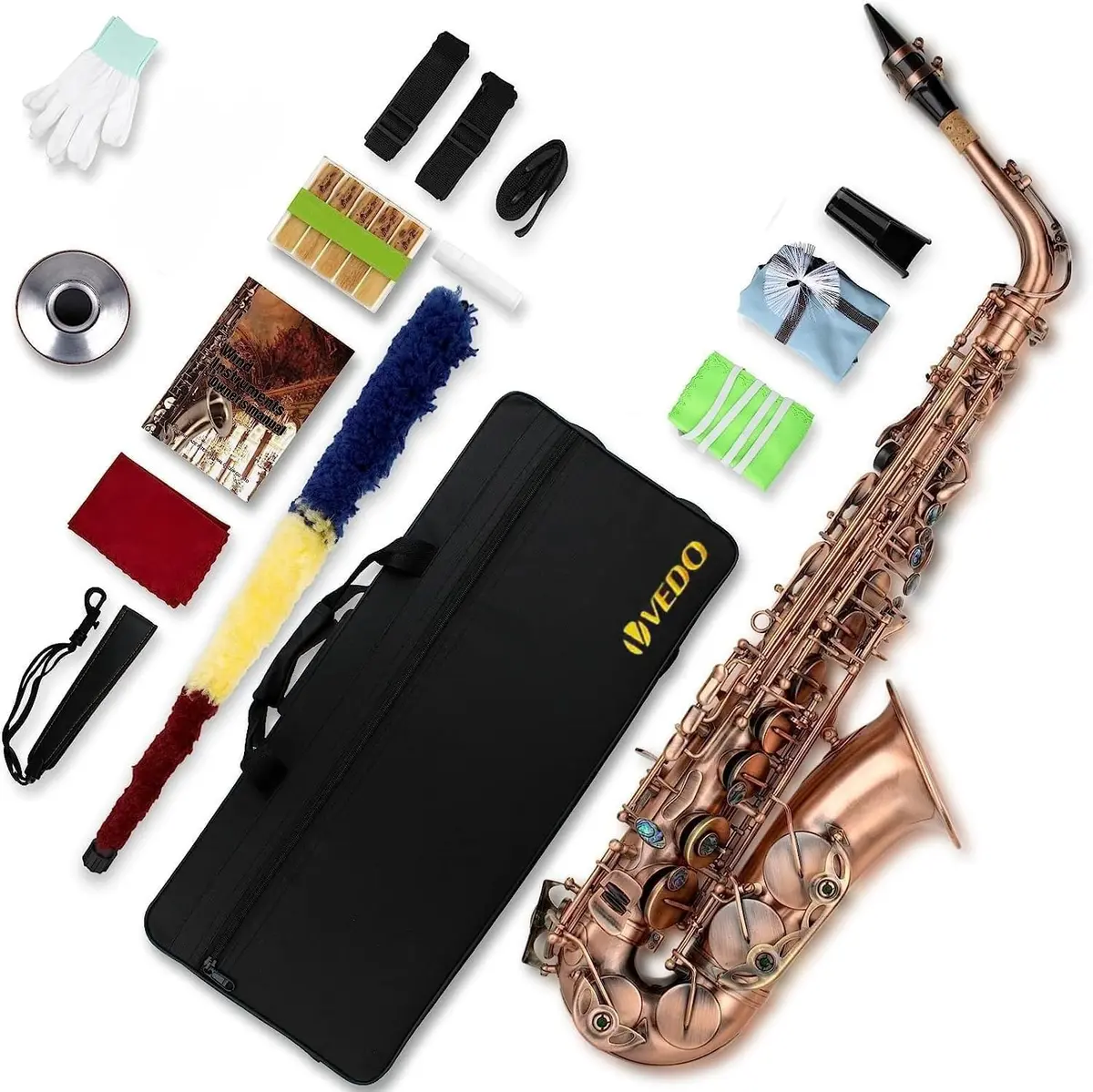 VEDO Saxofone Alto em Mi bemol – Para Iniciantes e Estudantes – Acabamento em Bronze Antigo – Corpo em Latão – Kit Completo com Estojo, Boquilha, Palhetas e Acessórios