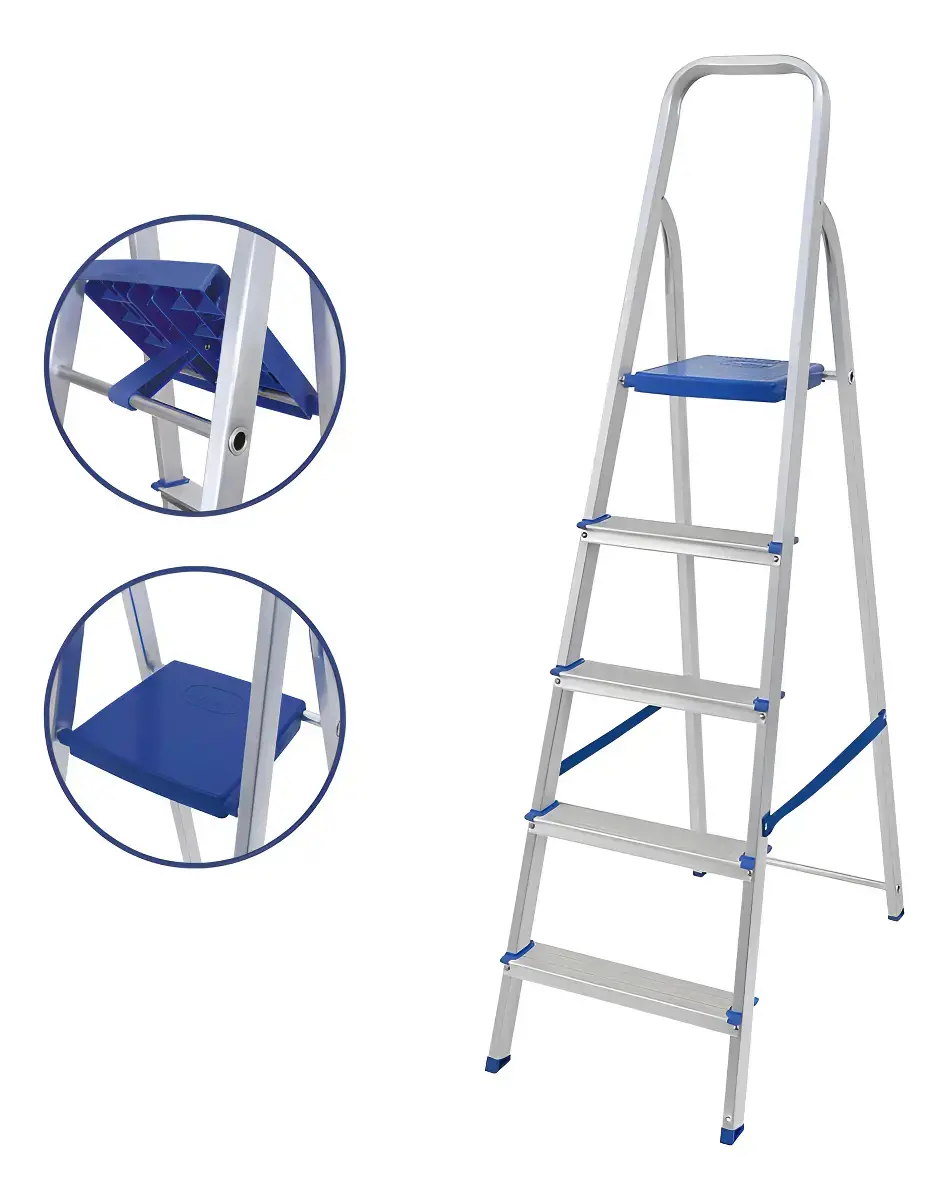Escada Alumínio Doméstica 5 Degraus Mor Reforçada Cor Cinza/azul