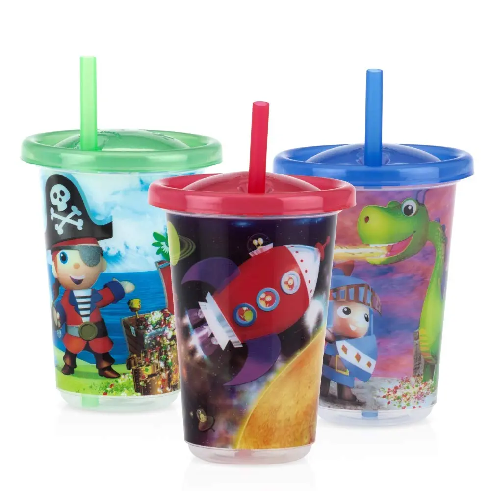 Nuby Kit 03 Copos Decorados Com Canudo 300ml Menino