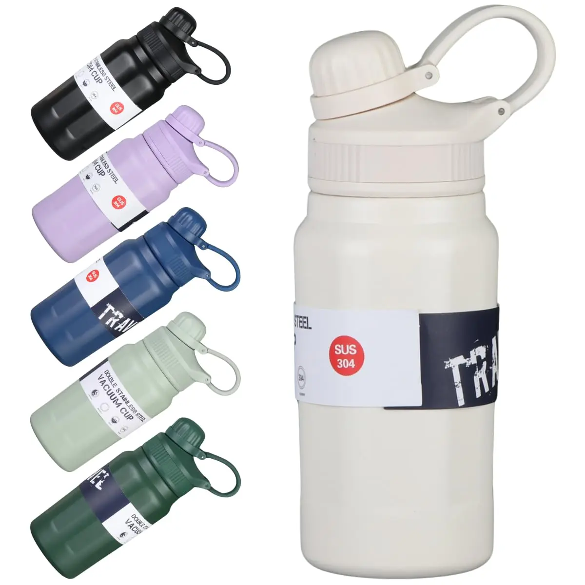 Garrafa Térmica Estilosa de 500ml com Interior em Aço Inox 304 e Fundo Emborrachado – Ideal para Academia e Escola - Com Canudo e Alça de Transporte Resistente (Branco Pérola)