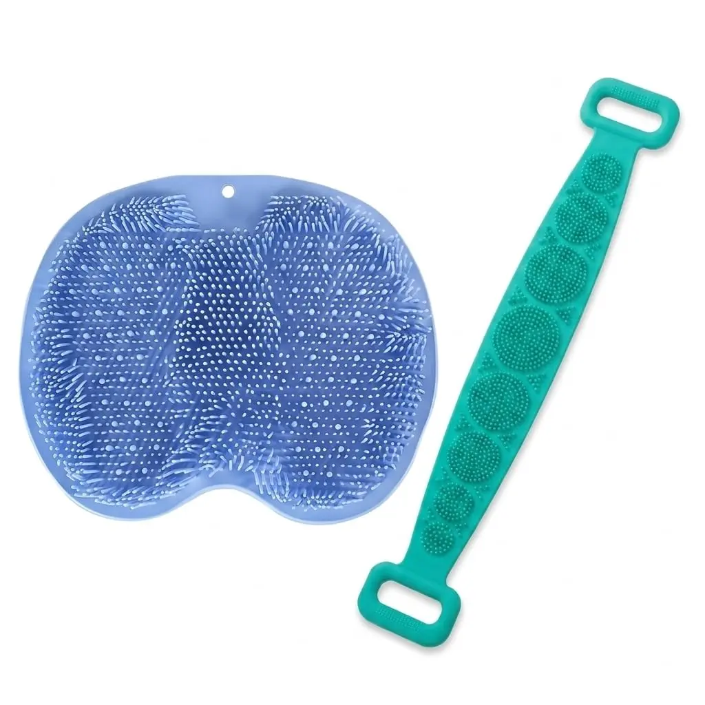Kit 2 Escovas Esfoliantes para Banho em Silicone Massageadora Cerdas Macias | Esfoliação Corporal, Inclui Tapete e Escova