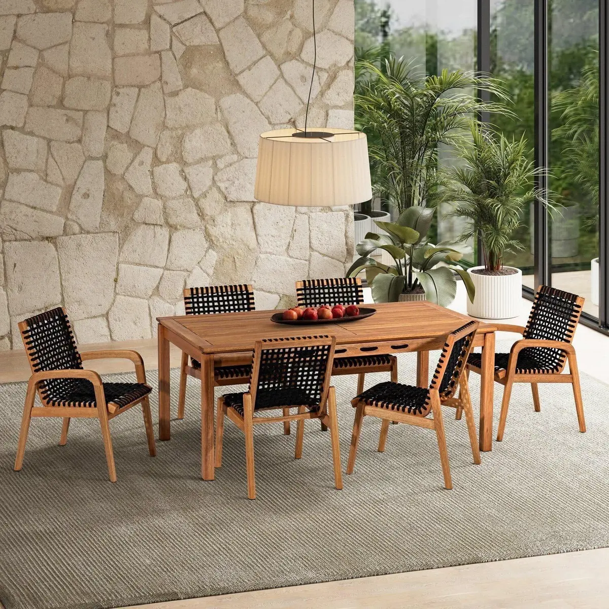 Conjunto 6 Cadeira 1 Mesa 180cm - Varanda Coberta/área Gourmet Traço Stain Jatobá/Corda Preto