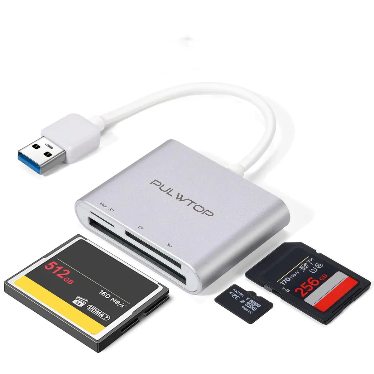 Leitor de cartão SD USB-A 3 em 1, adaptador externo para cartão de memória | PULWTOP Micro SD, MS, CF e TF, leitor Compact Flash USB-A 5Gbps para laptop, câmera e Windows