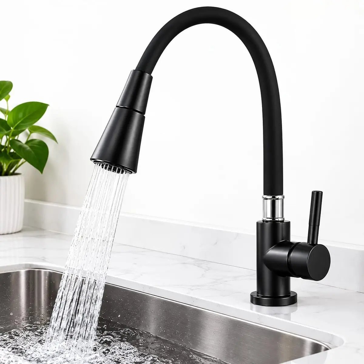 Torneira Gourmet de Bancada Preta Fosca ABS com Bica Flexível | Jato Duplo Spray, Mecanismo Cerâmico 1/4 Volta, Conexão Rosca 3/4", Base Metalizada, Silicone Flexível