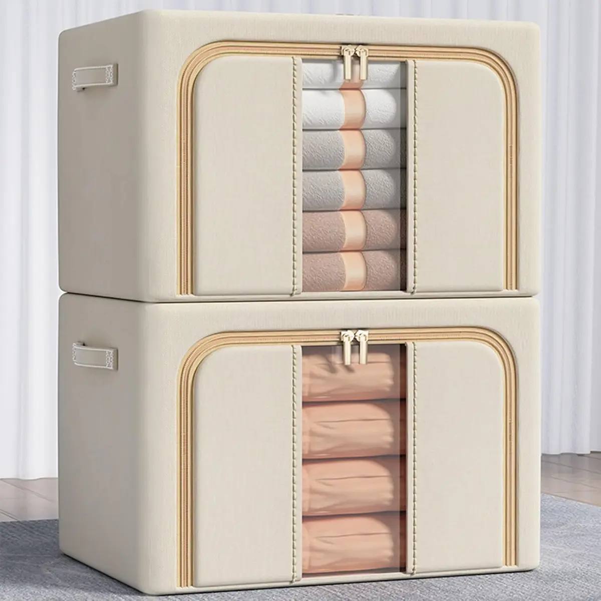 BEMMY Kit 2 Caixa de Armazenamento Organizadora de Tecido de Grande Capacidade com Estrutura de Aço Reforçada, Dobrável, Caixa de Armazenamento de Roupas Domésticas, 66L, 50 * 40 * 33CM (Marrom-claro)