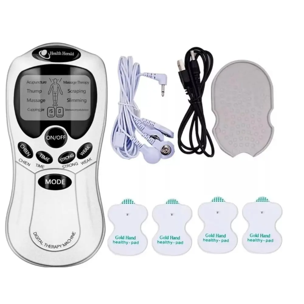 Aparelho de Massagem por Choque TENS e FES com 4 Eletrodos - Massageador Muscular Portátil para Alívio de Dor e Reabilitação
