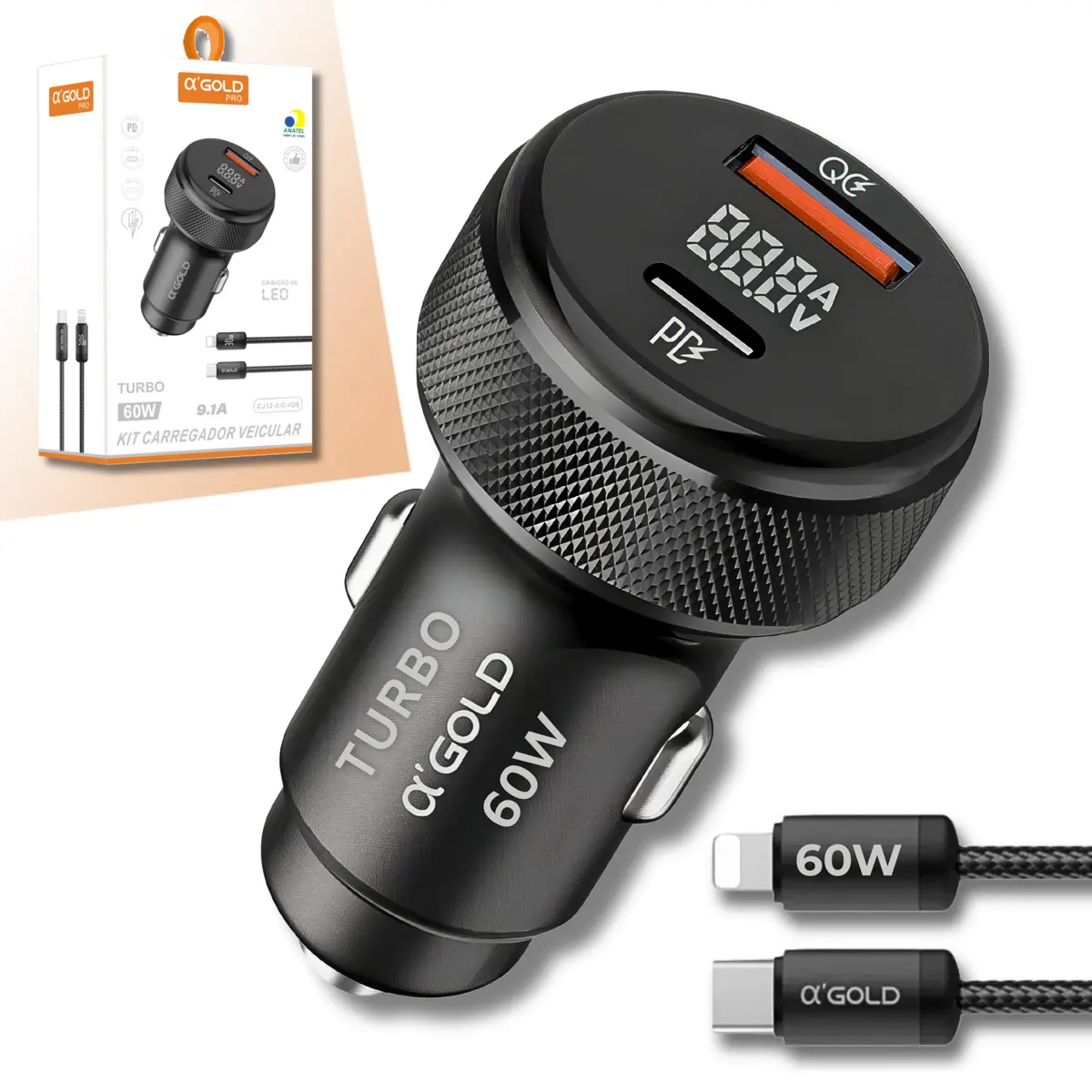 Carregador Turbo Veicular 60W, DUAS Portas, Entradas Carregamento Super Rápido + Cabo Trançado USB-C compatível i.P.hone Premium Compatível Dispositivos i.OS e Android, para Carro