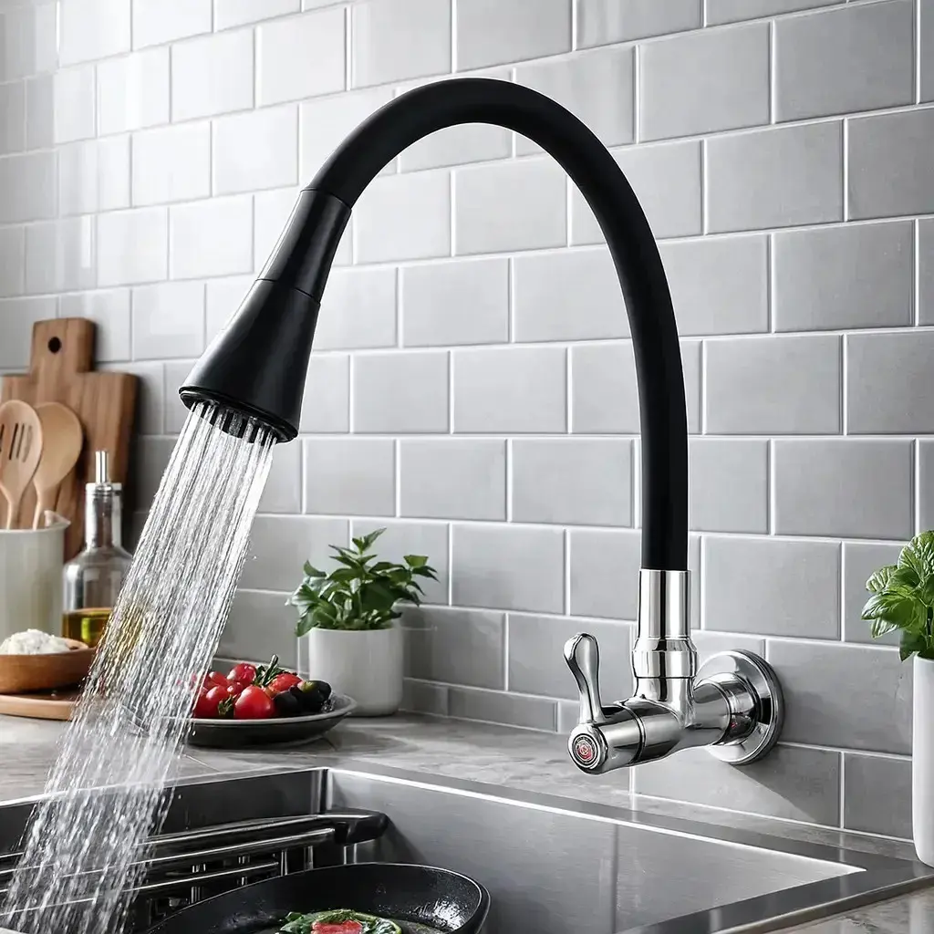 Torneira Cozinha Parede Flexível Preta Metal Gourmet 2 Jatos Kateluo