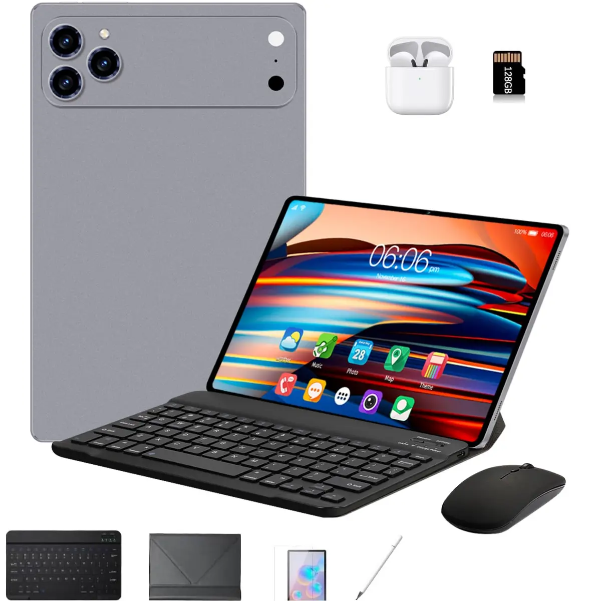 i17Tablet 3 em 1 com estojo/teclado/mouse/cartão de memória, 10,1 polegadas, Android 14, 16GB de RAM + 512GB de ROM, câmera de 8MP + 16MP, GPS, bateria de 8800mAh, cartão Dual SIM (Cinza)