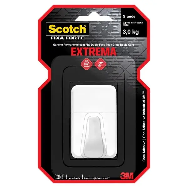 Scotch 3M Gancho Extrema Fixa Forte Fixação Permanente Grande Branco 1 Un. | Suporta Até 3 kg, Sem Furos ou Pregos na Parede, Ideal para Organizar e Pendurar Objetos, Instalação Rápida