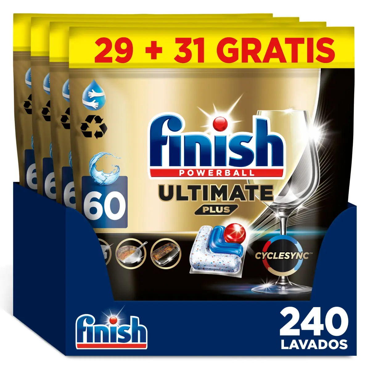 Finish Powerball ULTIMATE PLUS ALL IN 1 x60 x120 x180 x240 Pastilhas para Máquina de Lavar Louça, Limpeza Intensiva, Elimina os Feijões Queimados, Brilho Diamante, Cuida e Protege