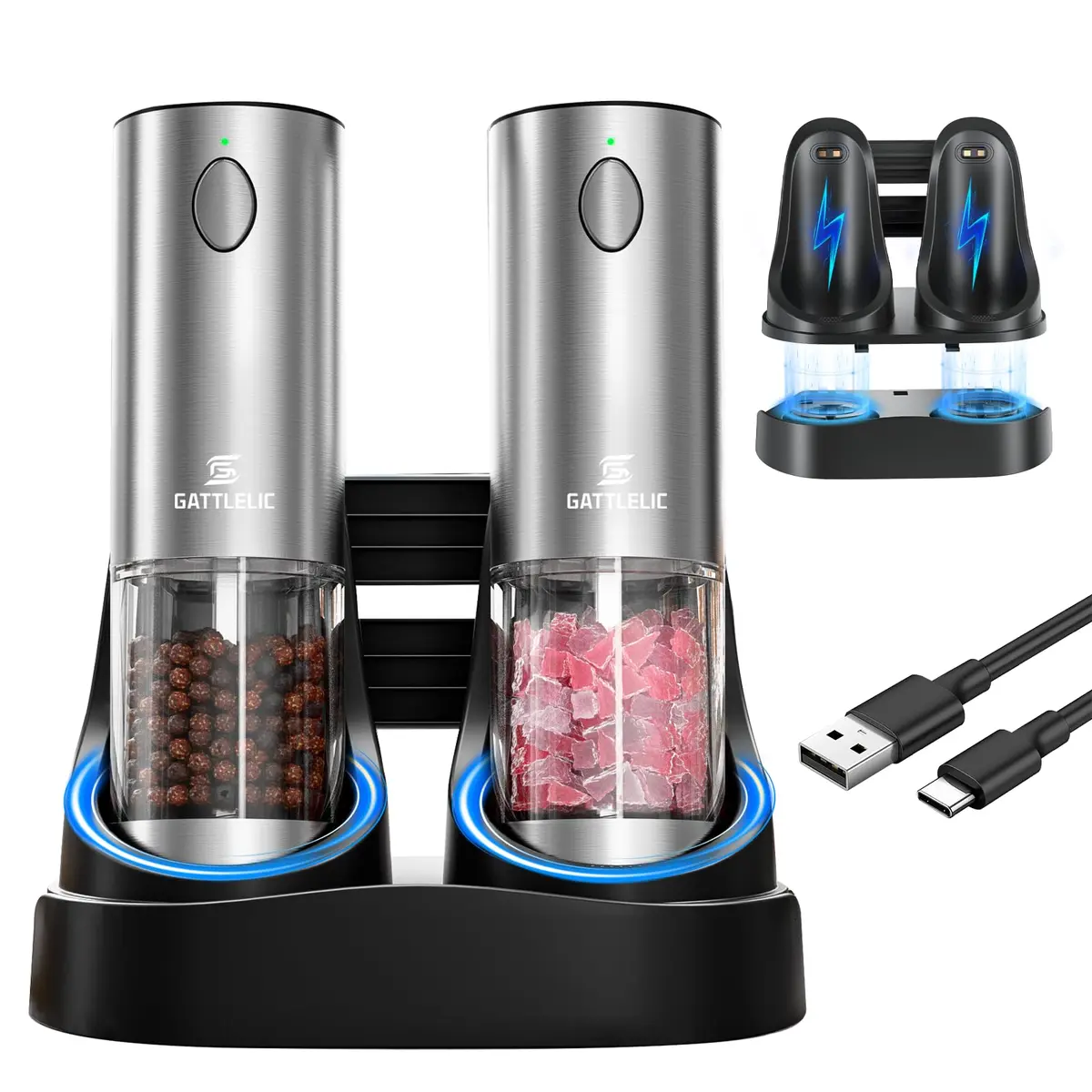 Conjunto de moedor elétrico de sal e pimenta, moedor automático de pimenta com base de carga atualizada e luz LED, grossura ajustável, conjunto de moedor de pimenta preta e sal marinho recarregável