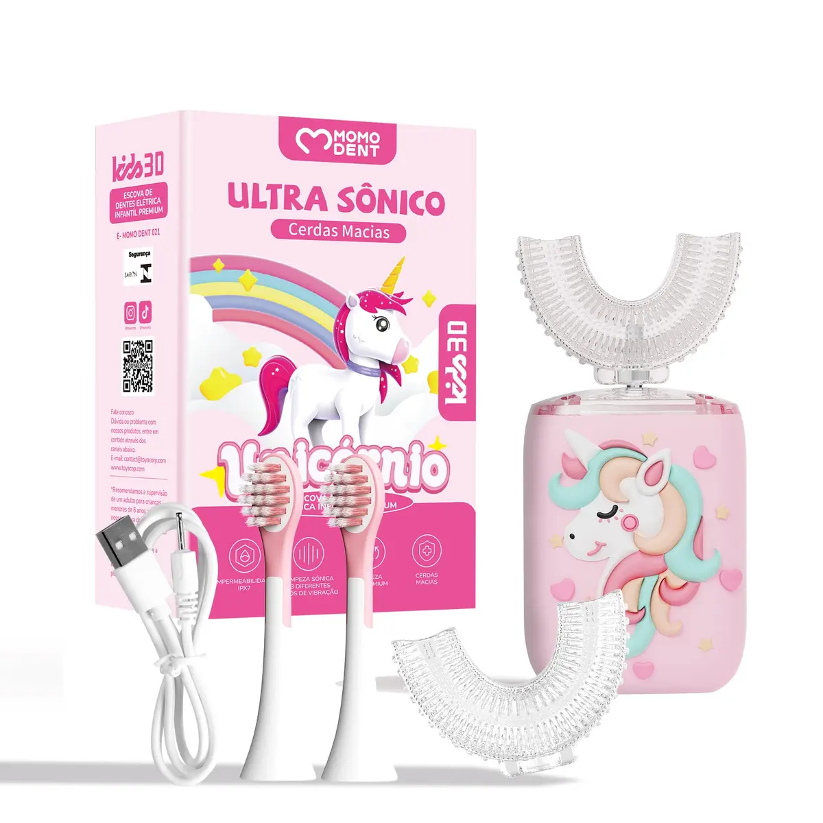 MOMODENT Escova de Dente Eletrica Infantil, 360° Graus, 5 Modos, 4 Cabeças de Escova, Recarregável, Silicone Macio em Formato U, Limpeza Suave, Proteção Gengival, Portátil e Divertida, IPX7
