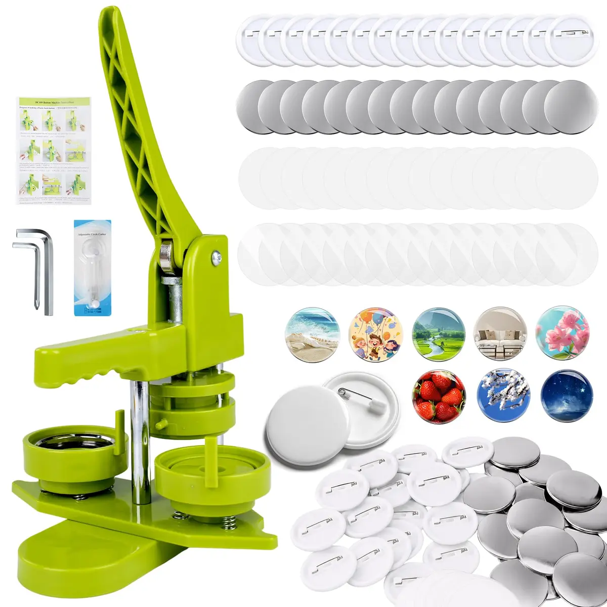 Victool Máquina de Fazer Bottons 32 mm/1,25 pol., Kit para Produção de Bottons com 100 Conjuntos, Cortador Circular e Chave Hexagonal, para DIY, Artesanato, Atividades Escolares e Lazer em Família