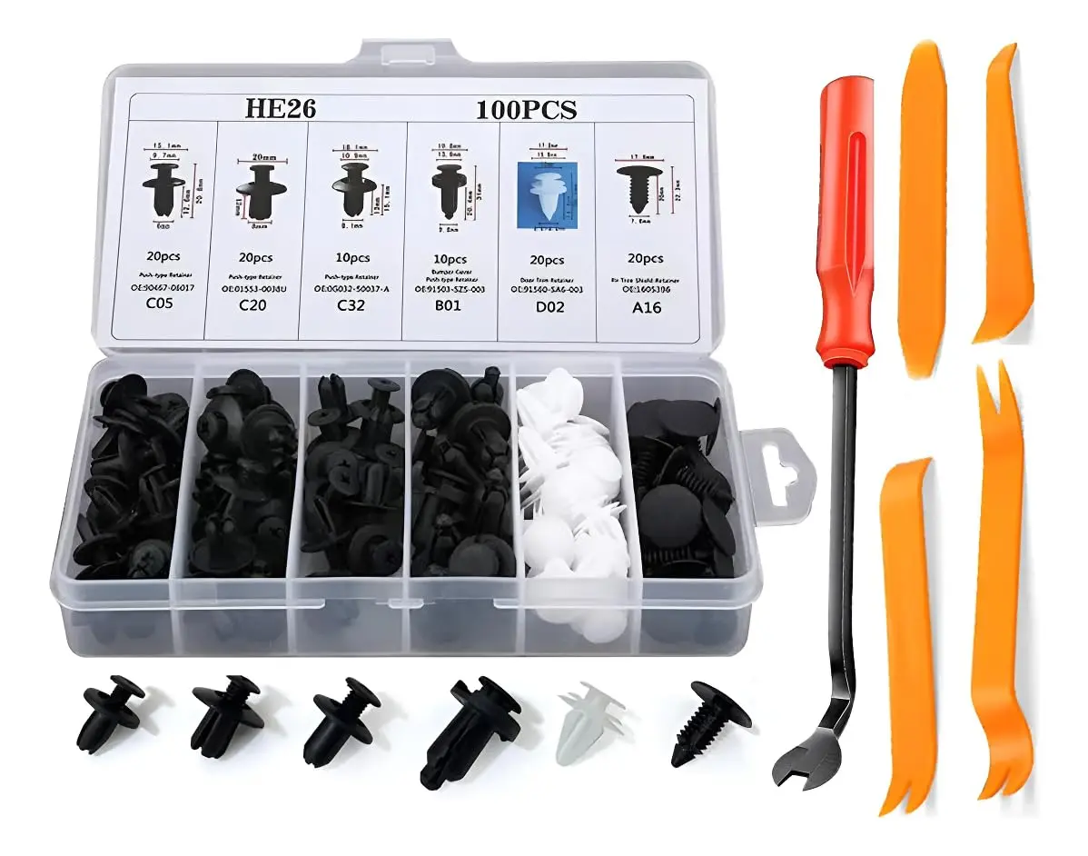 Presilhas e Grampos Universais para Carro 100 Peças – Kit para Parabarro, Parachoque e Forro de Porta + 3 Chaves de Remoção – Fixação Automotiva Reforçada (kit 100)