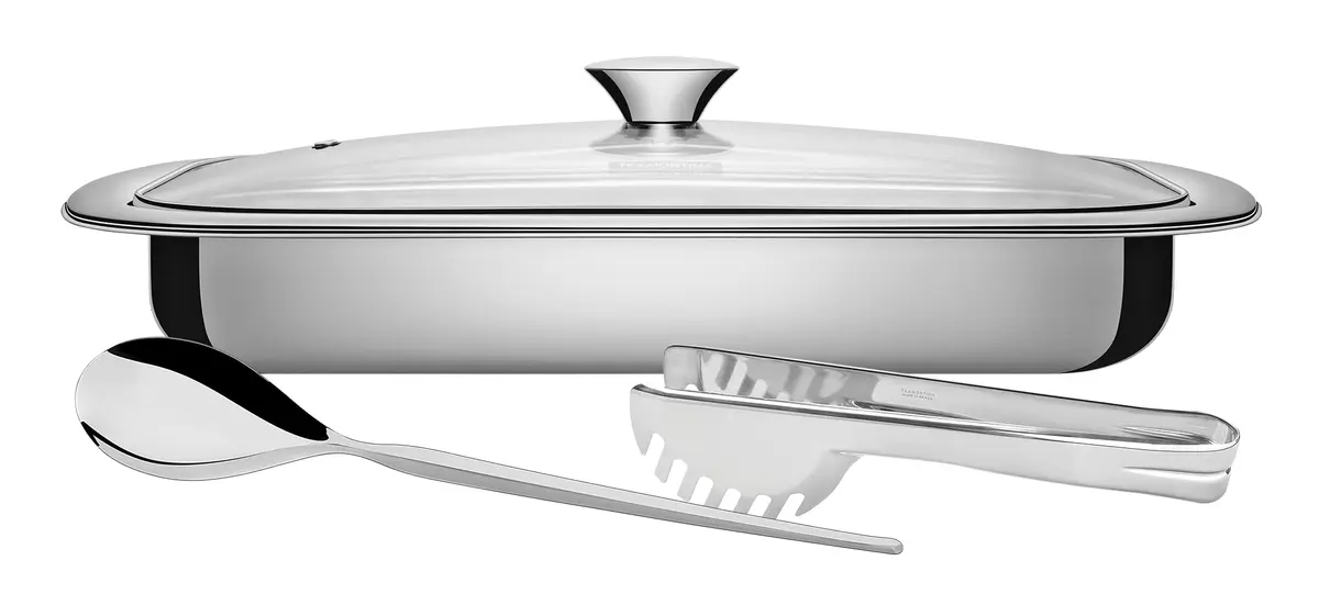 Tramontina 64310114 Kit para Assar e Servir Aço Inox com Tampa de Vidro com 3 Peças, Prata - 1