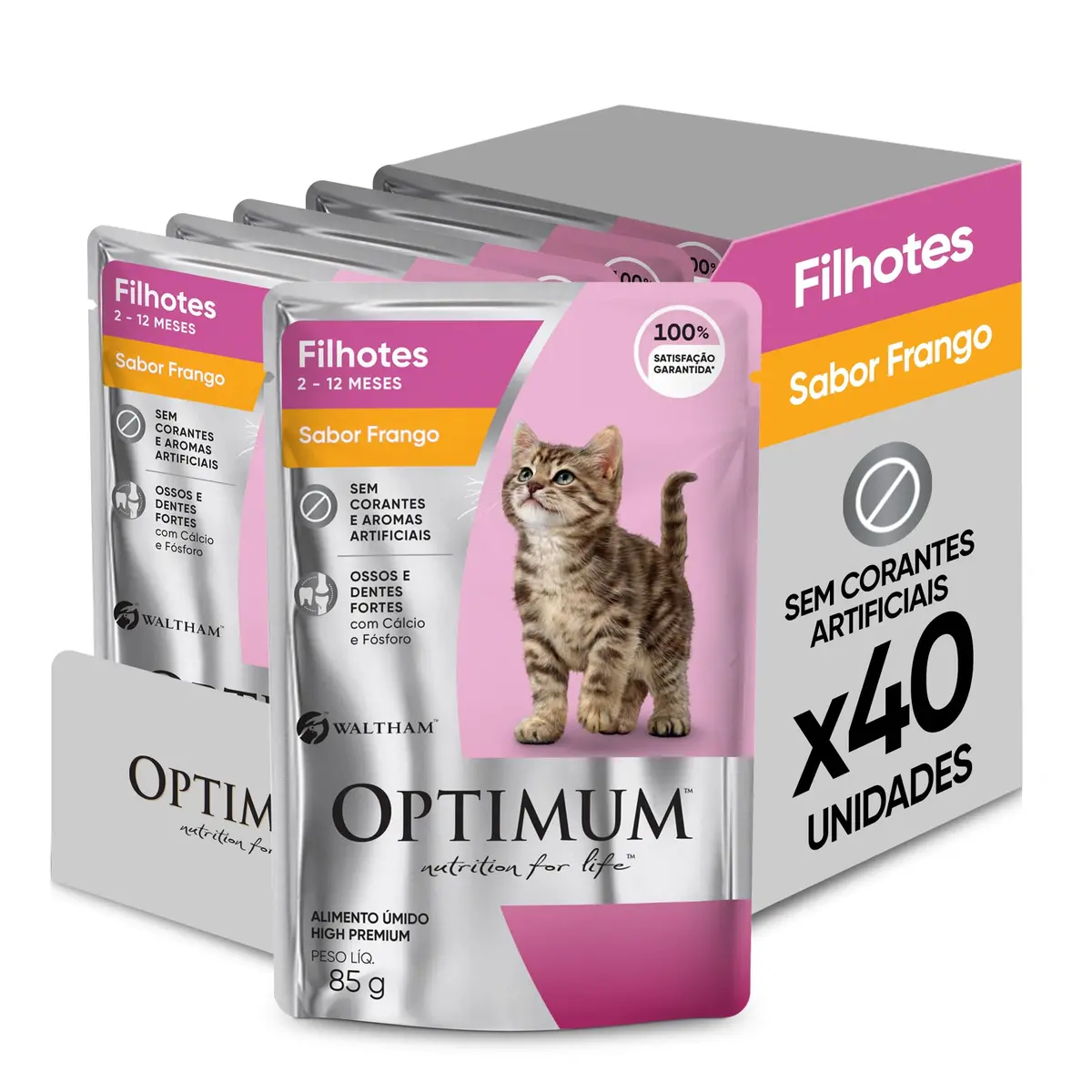 Pack Ração Úmida Optimum Sachê para Gatos Filhotes Frango 85 g - 40 unidadaes