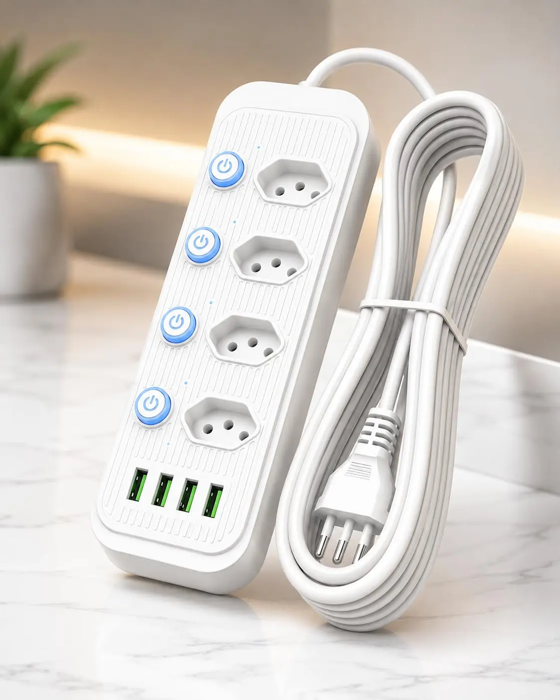 Extensão Elétrica 2 Metros, 4 Tomadas e 4 Saídas USB, Botão Liga e Desliga, Régua Com Filtro de Linha, Protege Contra Curtos Circuitos e Sobrecargas, 110V a 220V, 2500W - Cor Sortida (Preto ou Branco)