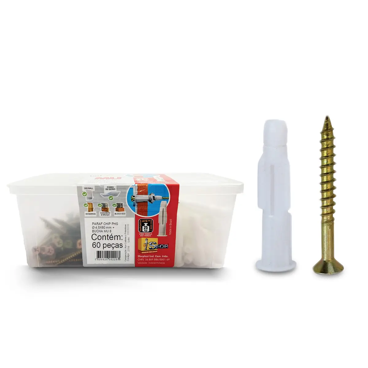 Sfor - Bucha MU 8 com Parafuso Chipboard Phillips 4,5x60mm - Kit com 120 Peças (60 Buchas + 60 Parafusos) - Ideal para Fixação Universal em Bloco Oco, Tijolo Maciço, Concreto, Gesso e Drywall