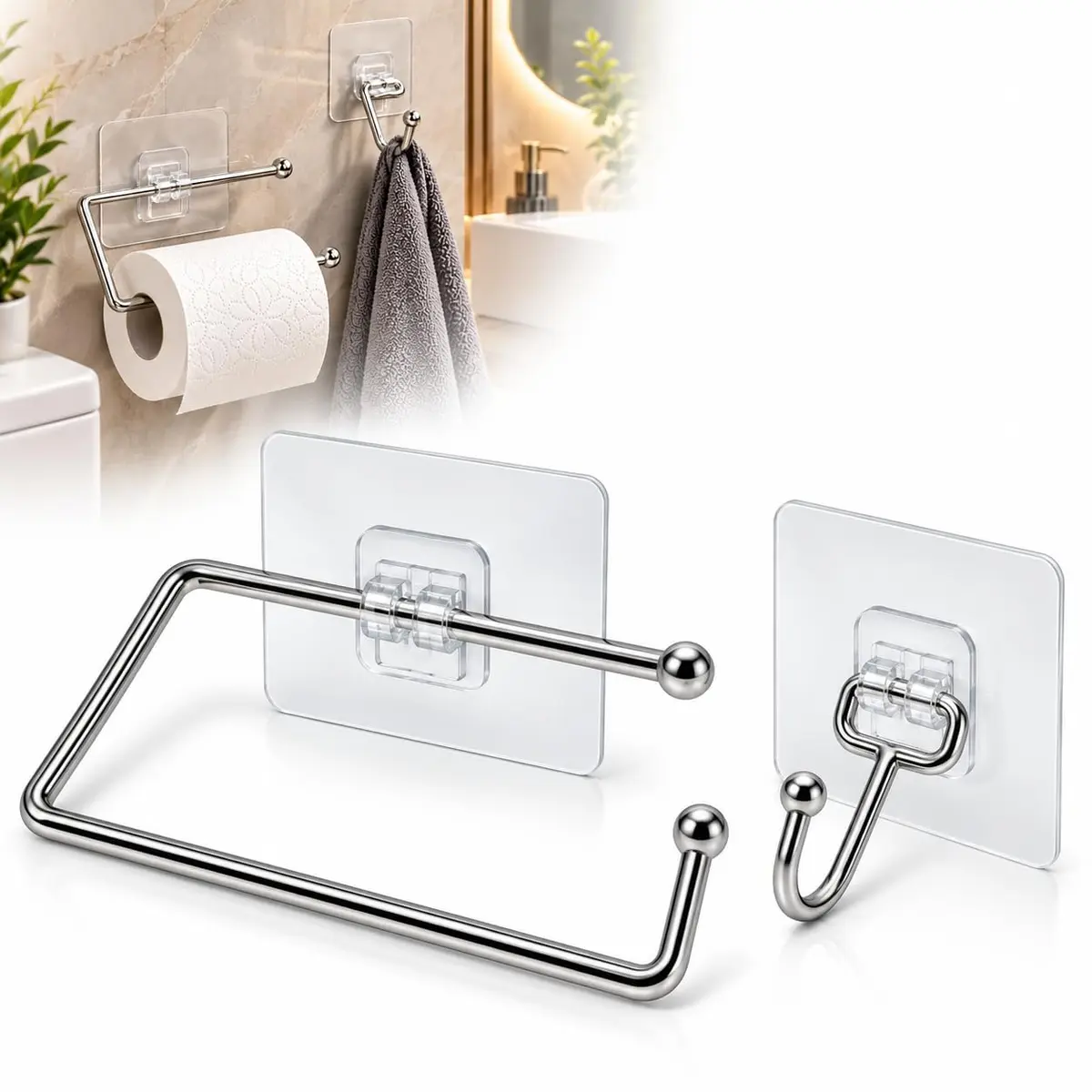 Kit Suporte para Papel Higiênico + Gancho Multiuso Autoadesivo – Porta Rolo para Banheiro sem Furos, Base Transparente e Acabamento Prateado