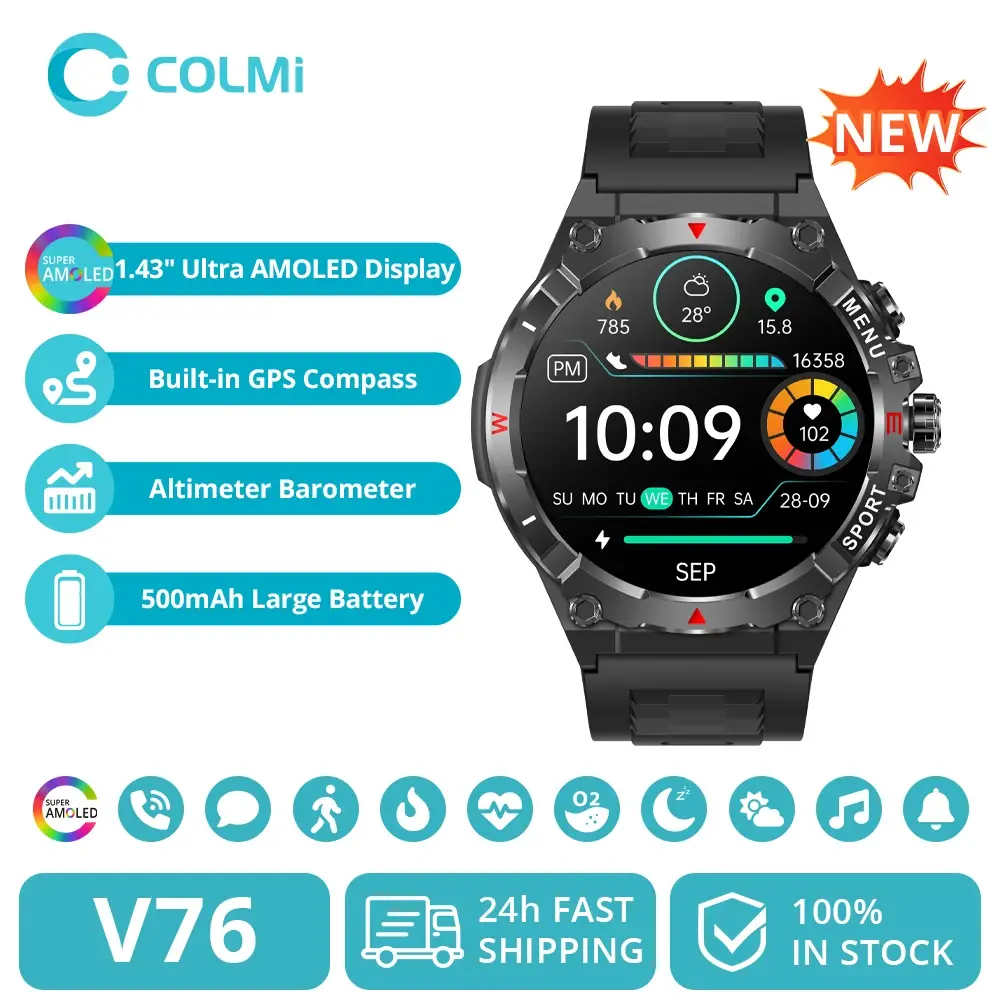 2025 colmi v76 gps smartwatch 1.43 "tela ultra amoled bússola embutida altímetro bluetooth chamada relógio inteligente 500mah bateria - 1