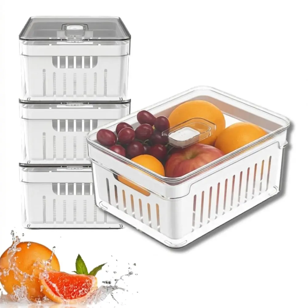 Kit 4 Organizadores de Geladeira Empilháveis com Tampa - Organização Prática e Bonita para Frutas, Verduras e Alimentos