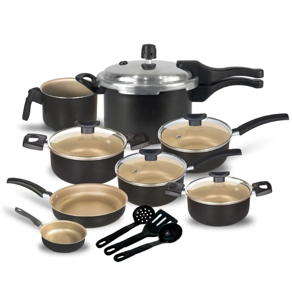 Jogo de Panelas Antiaderente, 11 Peças com Panela de Pressão 2.5L (Preto com Creme) - 1