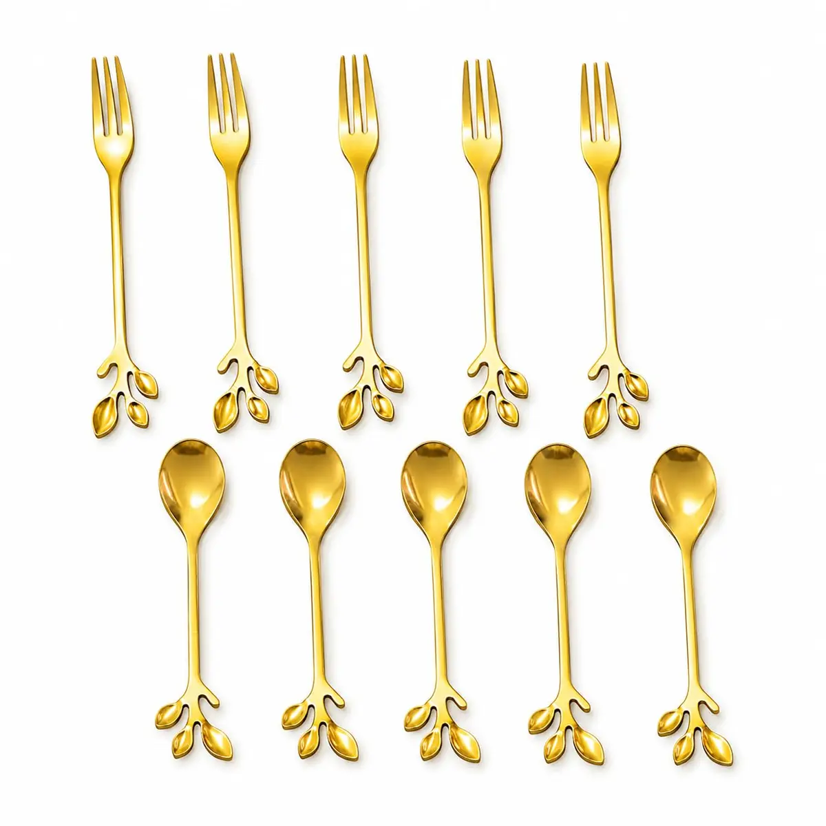 Kit 10 Talheres de Sobremesa Dourados em Aço Inox, 5 Colheres e 5 Garfos Pequenos para Doces, Bolos e Cafés, Talheres Elegantes para Mesa Posta, Festas, Eventos e Uso Diário (10) - 1