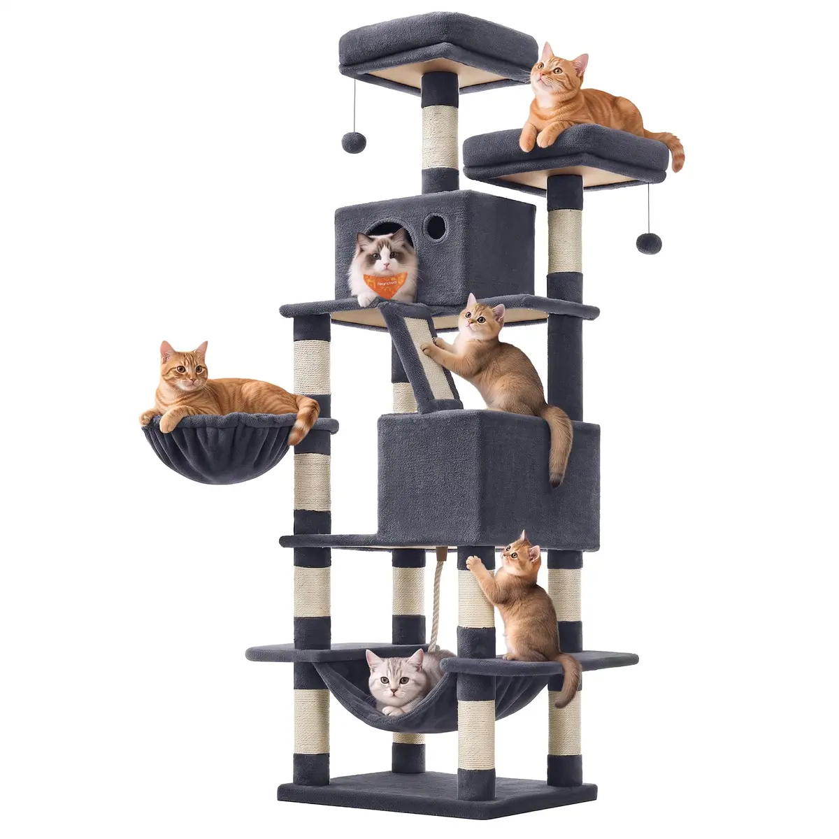 Feandrea Árvore para Gatos 168 cm, Torre Grande com 13 Postes Arranhadores, 1 Rampa, 2 Poleiros, 2 Tocas, Cesta, Rede, Pompom, Cinza Fumê BRPCT165G01V1