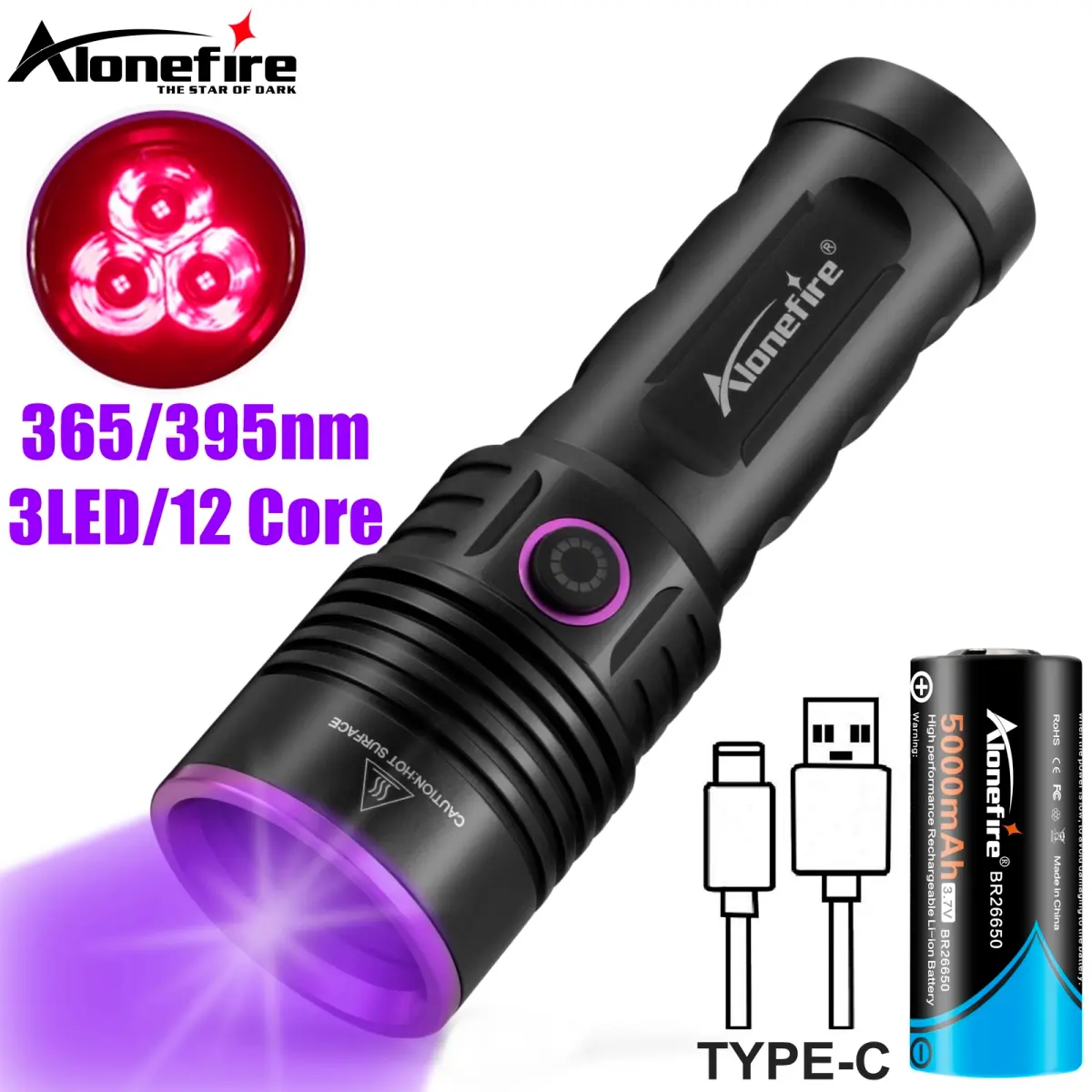 Lanterna UV de Alta Potência 60W 365nm Recarregável para Detecção de Manchas de Cães e Gatos, Minério, Dinheiro, Escorpiões e Verificação Fluorescente