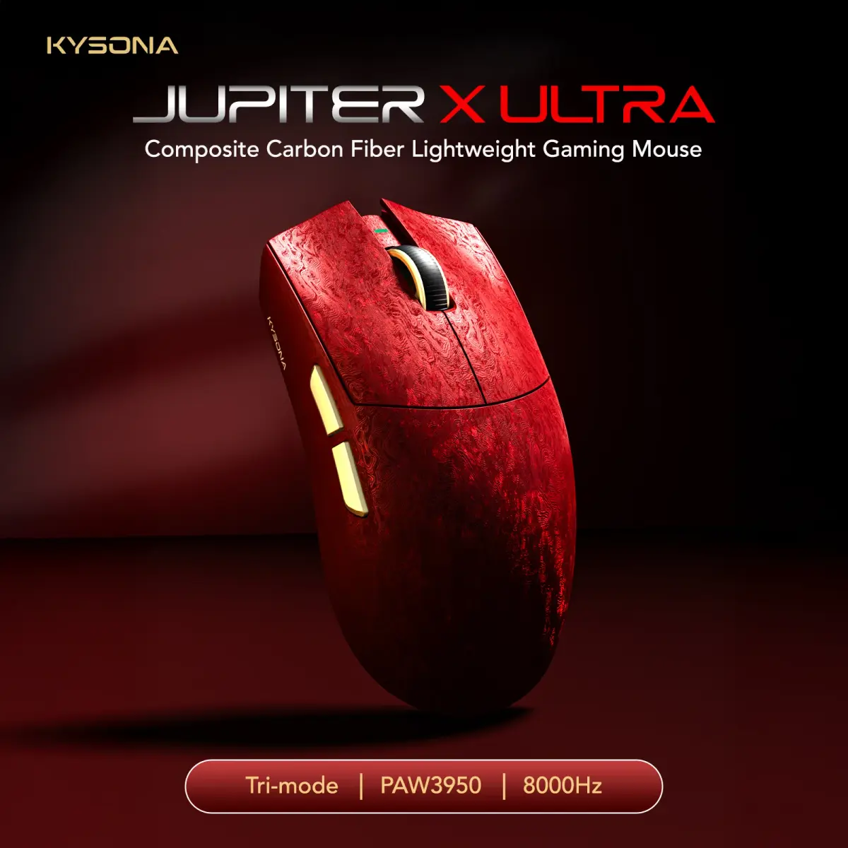 Mouse Gamer Sem Fio KYSONA Jupiter X Ultra PAW3950 8000Hz 54L15 MCU Fibra de Carbono Composta Tri-Mode 61g Ergonômico Omron 70M