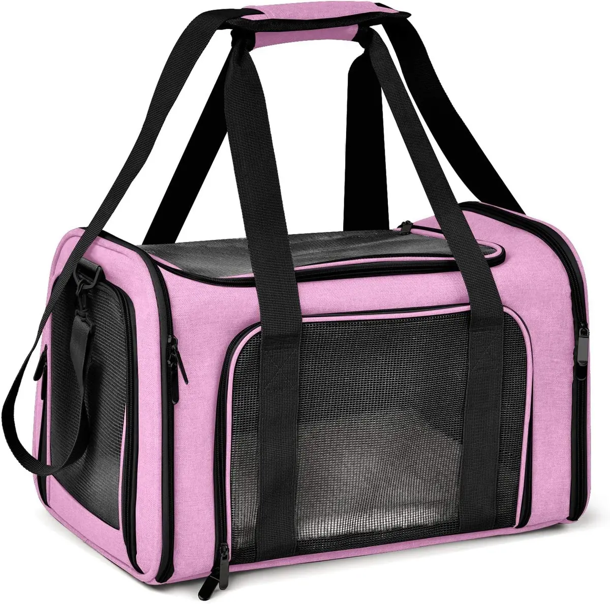 Bolsa Transporte Pet Dobrável com Alças Ventilação em Malha Porta Superior e Laterais para Cães e Gatos Pequenos (Rosa)