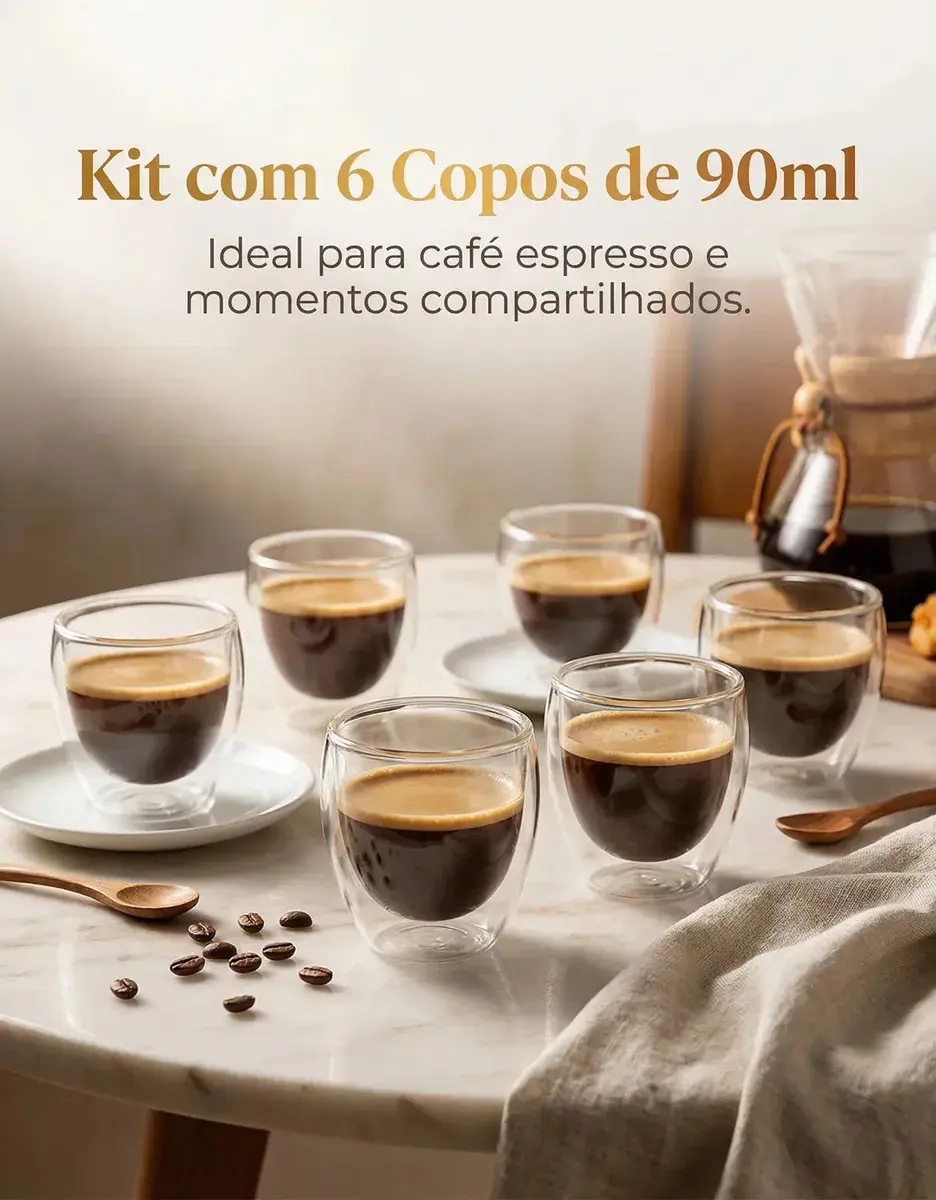 Copos Café Vidro Kit 6 Unidades Parede Dupla 90ml Borossilicato Transparente para Expresso Chá Bebidas Quentes Luxo thumbnail 2